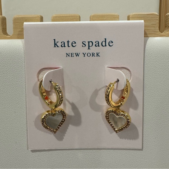 Kate Spade NEW Gold Mother Pearl Pave Heart Earrings. - Picture 3 of 3
